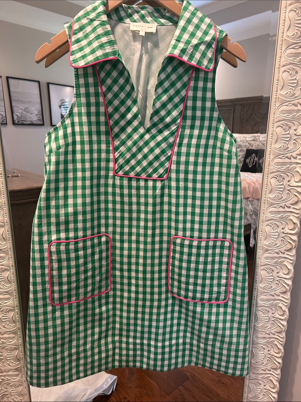 entro Green Gingham Sleeveless Dress with Pink Trim